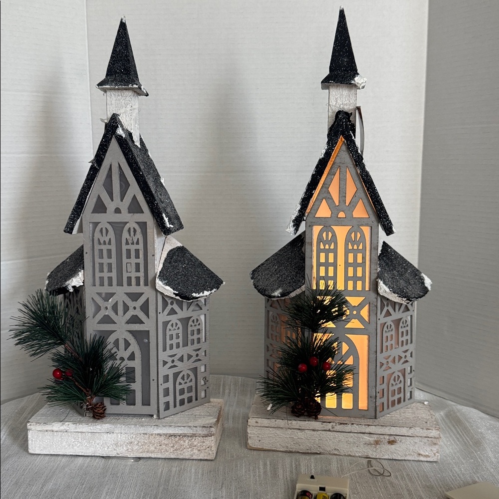 Wooden Church Christmas Decorations lights up white, Gray and Black Pinecone new